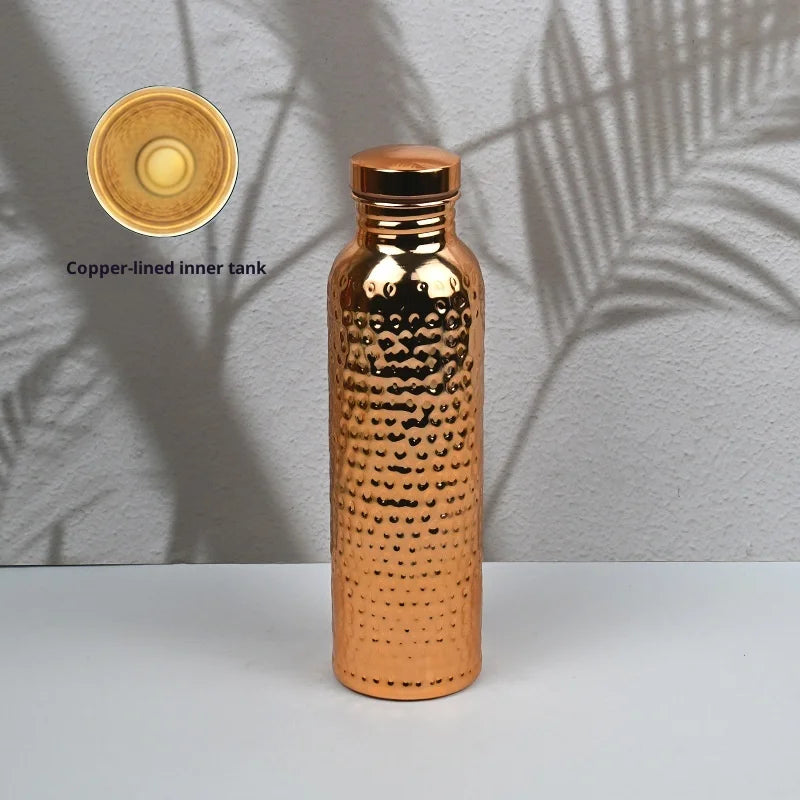 Hot 800ML Copper Drinking Bottle Hammer Pattern Leakproof Sports Water Bottle Outdoor Cycling Gym Fitness Travel Drinking Cup Peaceful Pleasures Health and Wellness Gold plating 800ml