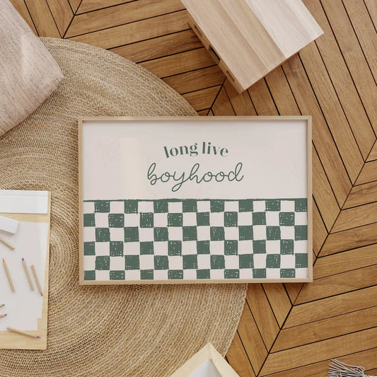 Modern Long Live Boyhood Print – Green Checkered Wall ArtWall Art Print Canvas Painting Poster Picture For Kids Room Home Decor Peaceful Pleasures Health and Wellness G4410 21x30cm Black Framed
