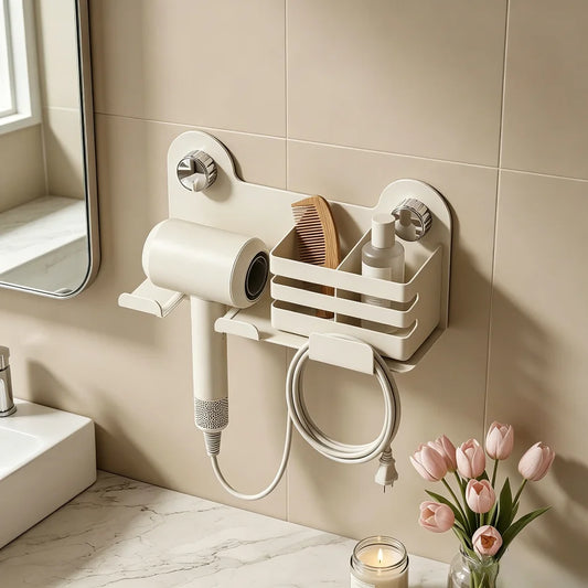 Punch-Free Wall Mount Hair Dryer Holder | Suction Cup Rack Bathroom Storage Rack Peaceful Pleasures Health and Wellness