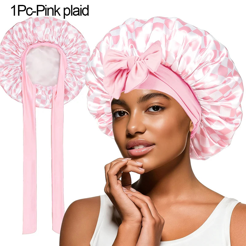Beige Cherry Satin Sleep Bonnet – Lace-Up Hair Care Night Cap