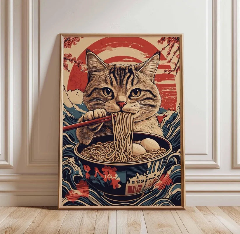 Black Cat Ramen Japanese Food Noodle Ginger Cat Poster Print Wall Art Pictures Canvas Painting Living Room Home Wall Decoration Peaceful Pleasures Health and Wellness