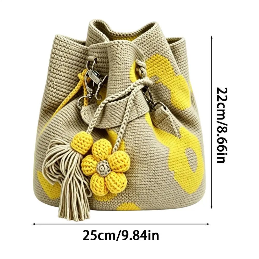Boho Handmade Crochet Flower Tote Stylish Knit Floral Handbag Summer Beach Bag for Women & Girls, Seaside Shopping Picnics Peaceful Pleasures Health and Wellness A