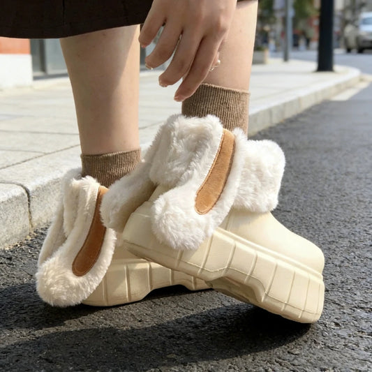 New EVA Removable Washable Rabbit Ear Cotton Shoes with Plush Waterproof Cotton Slippers for Women's Winter Outerwear Thick Sole Peaceful Pleasures Health and Wellness