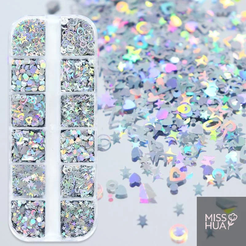 12-Grid Laser Nail Glitter Set – Star & Love DIY Nail Art