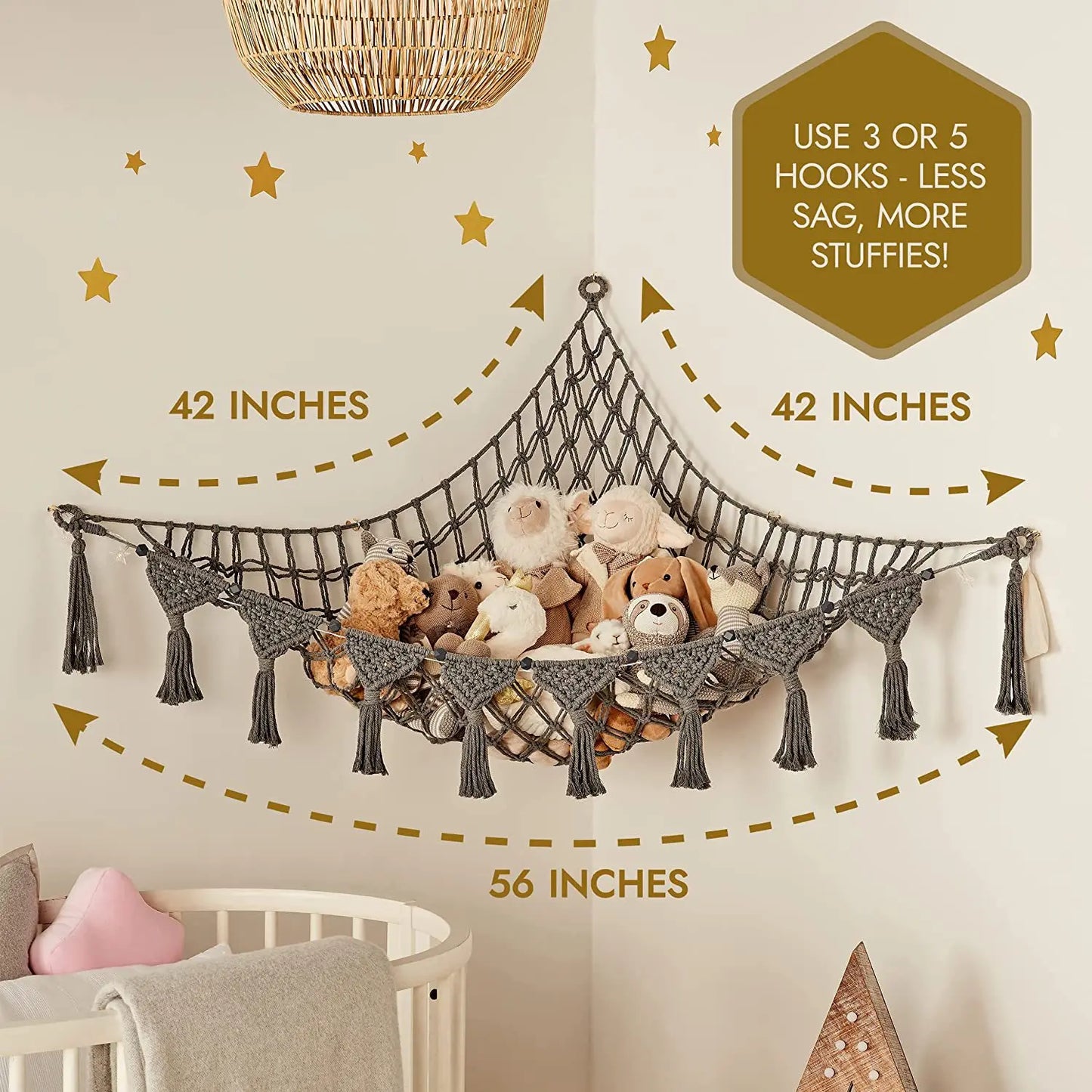 Corner Mounted Toy Storage Net Handwoven Cotton String Triangle Pouch Plush Doll Hammock Kids Room Organizer Peaceful Pleasures Health and Wellness Grey 105x105x140