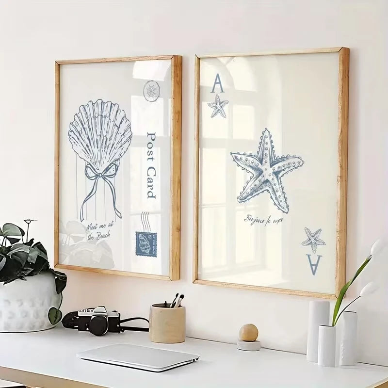 3-Piece Coastal Blue Seashell Canvas Wall Art | Home Decor