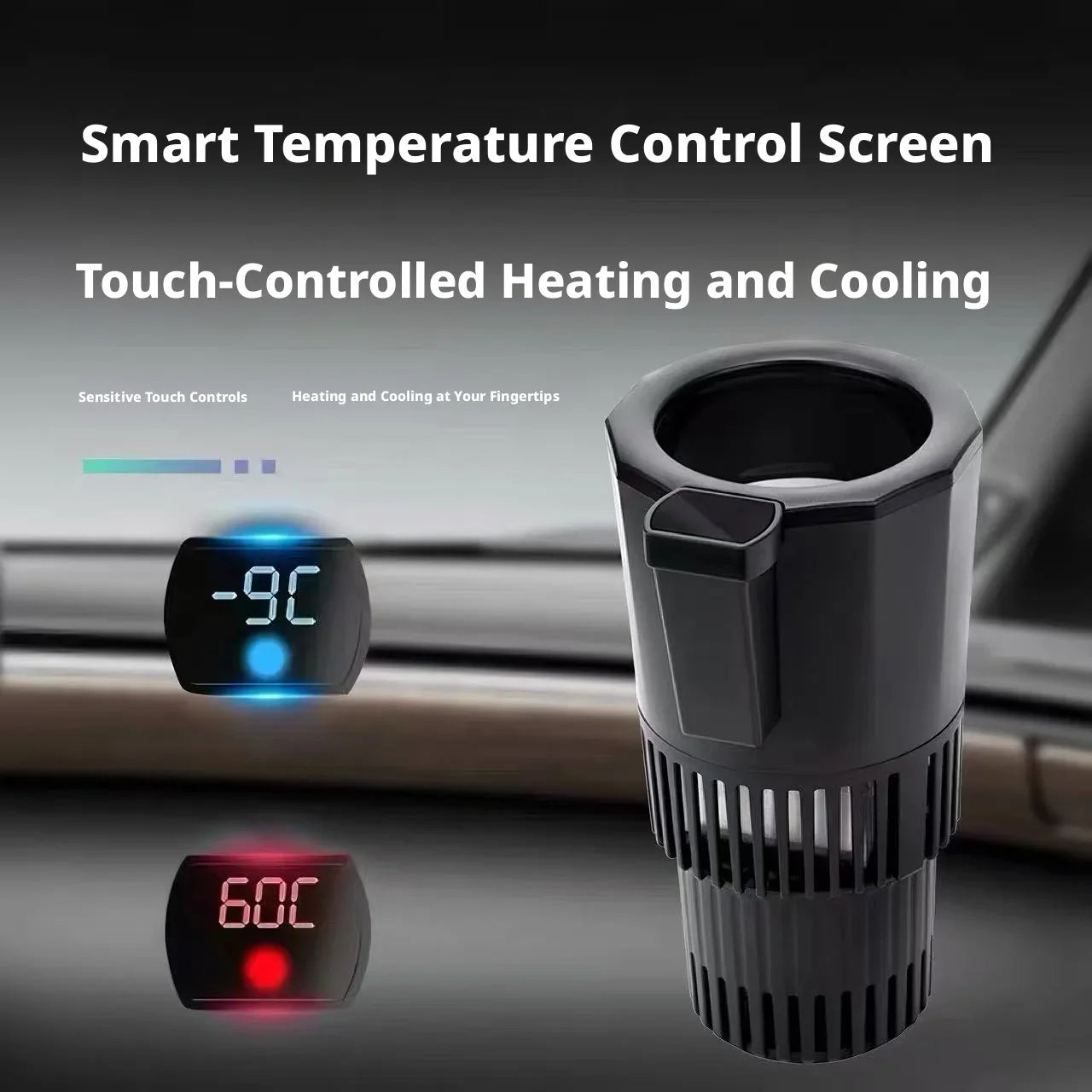 Car Smart Heating Cooling Cup Holder Digital Display 2-in-1 Temperature Control Touch Control 12V/24V Auto Drink Warmer Cooler Peaceful Pleasures Health and Wellness