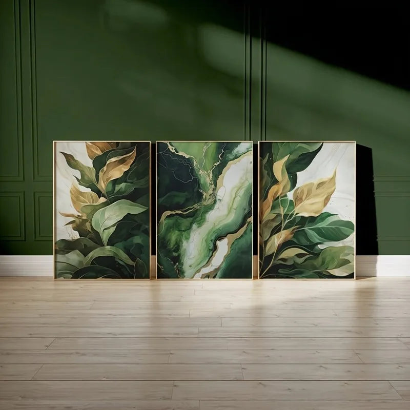 2D Flat 3pcs Green Abstract Painting Prints Art Decor, Green Art Wall Art Abstract Deco Prints Nature Decor Plant Prints Unframe Peaceful Pleasures Health and Wellness