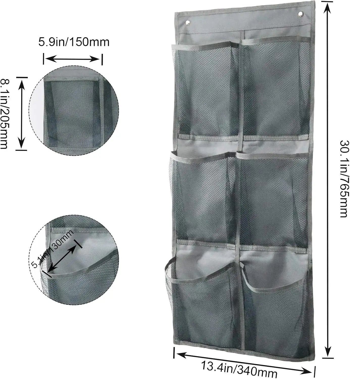 Gray wall-mounted organizer with measurements indicated