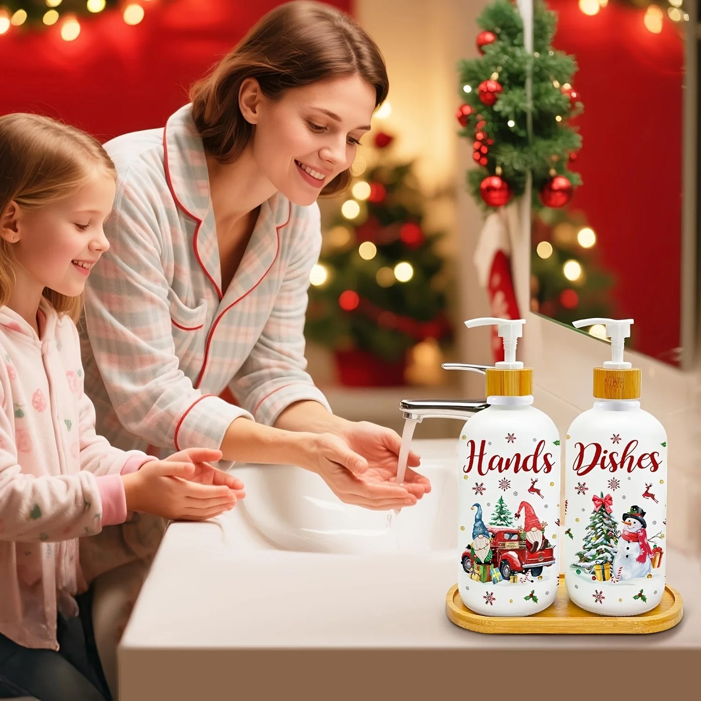 Christmas Gnome Soap Dispenser Set of 2 with Tray – Festive Xmas Kitchen & Bathroom Holiday Decor
