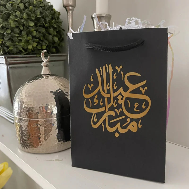 5-Pack Black Ramadan Mubarak Gift Bags | Eid Al-Fitr Kraft Paper Holiday Gift Bags Peaceful Pleasures Health and Wellness B 5pcs black