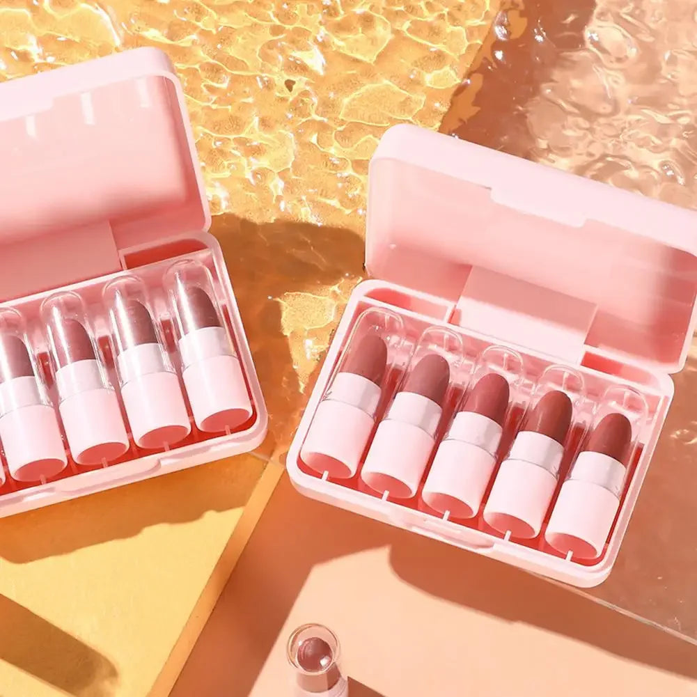 5Pcs Mini Lip Gloss Lipstick Makeup Gift Peach Lipstick Lip Tint Set Cute Matte Lipsticks Waterproof Long-lasting Non Stick Cup Peaceful Pleasures Health and Wellness