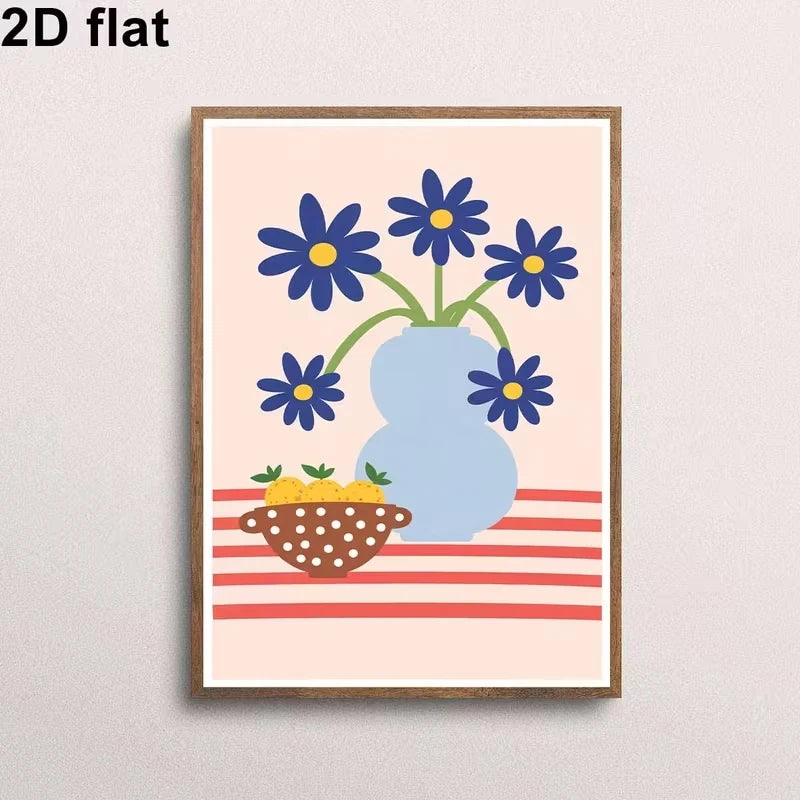 Modern Blue Floral & Fruit Canvas Wall Art Print | Home Decor