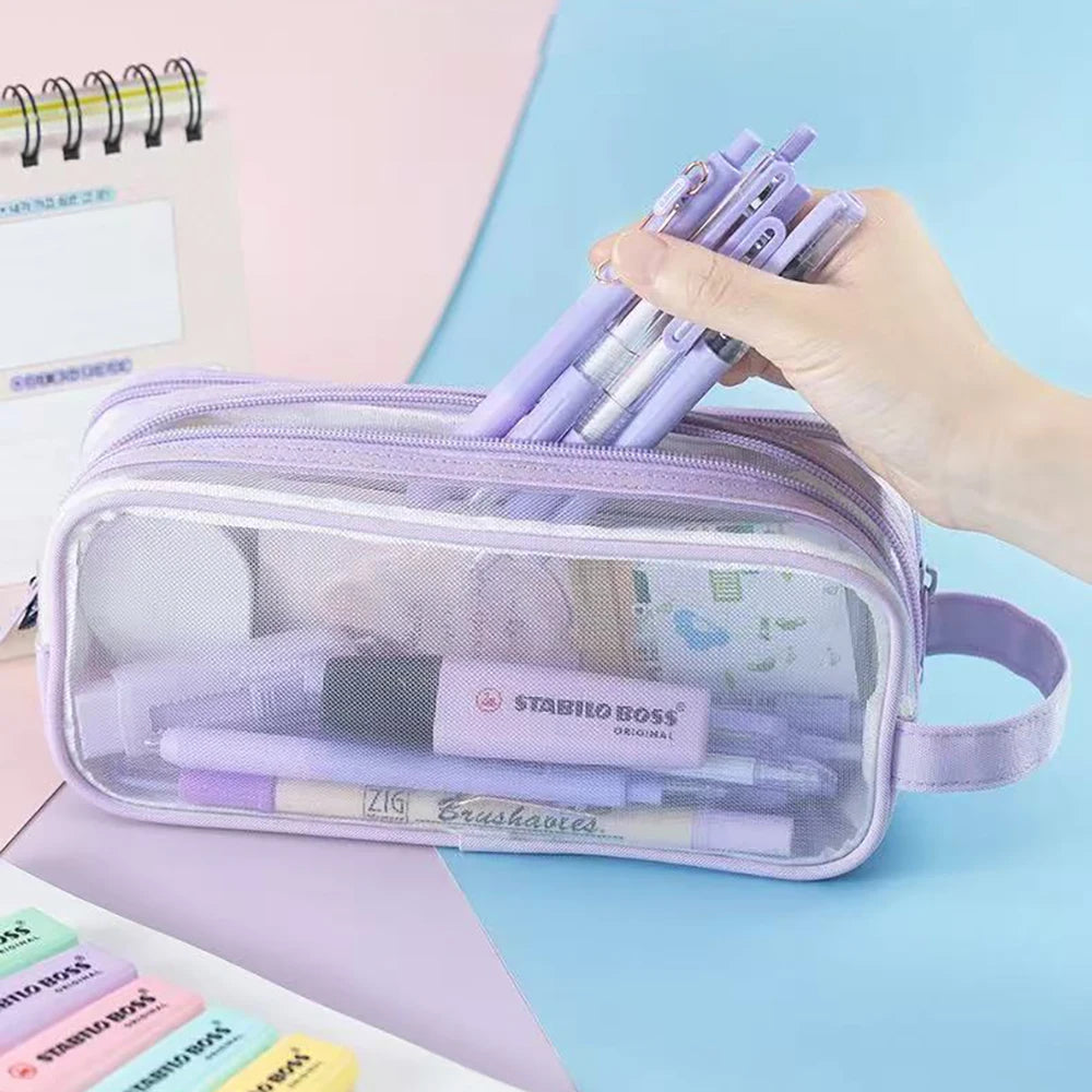 Mesh Double-layer Pencil Case Large Capacity Student Creative Simple