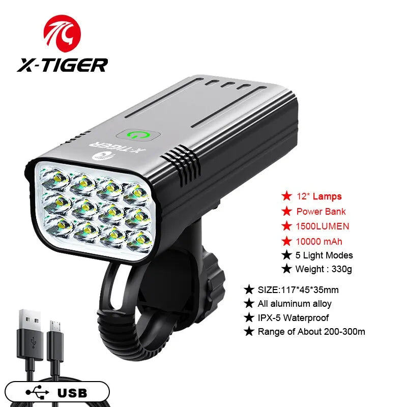 X-TIGER USB Rechargeable Bike Light – 1600 Lm, IPX6 Waterproof
