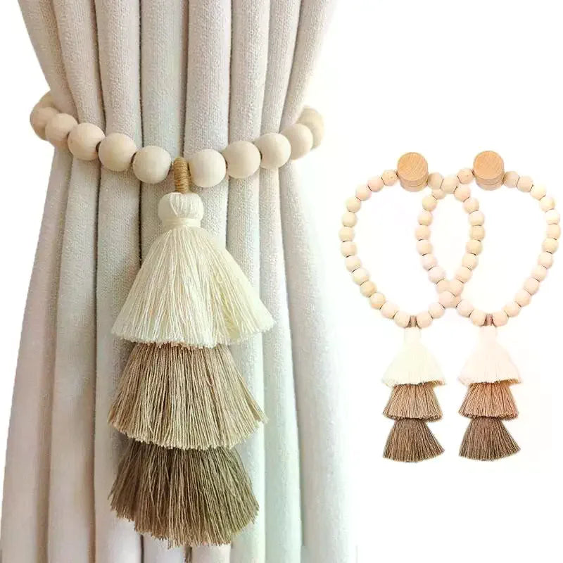 Bohemian Wooden Bead Curtain Tie Backs with Tassel & Magnet – 2Pcs Curtain Tie Backs Peaceful Pleasures Health and Wellness