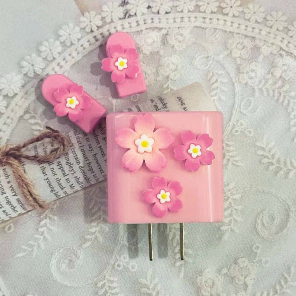 3D Pink Flower Cable Protector Sleeve for iPhone – 4 Pcs