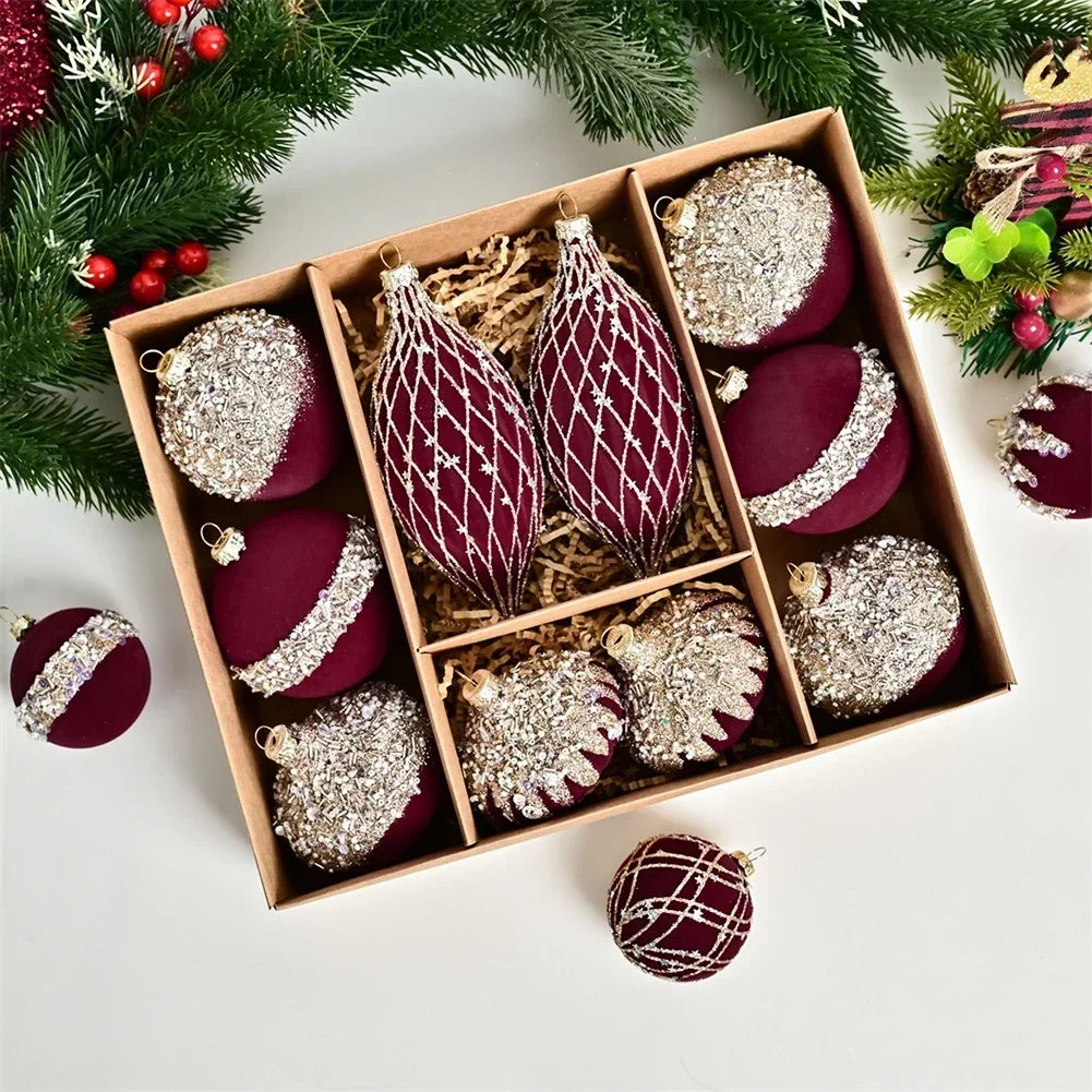8cm Flocked Plastic Christmas Ball Ornaments – 10-Pack Set