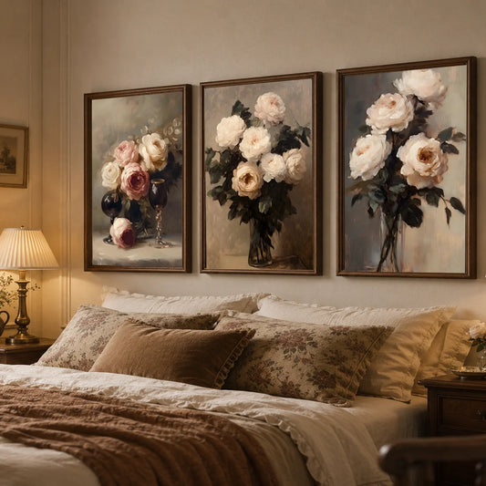 Vintage Wall Art, Rose Floral Oil Painting Canvas Painting, Neutral plant Poster Print for Bedroom Living Room Wall Decor Peaceful Pleasures Health and Wellness