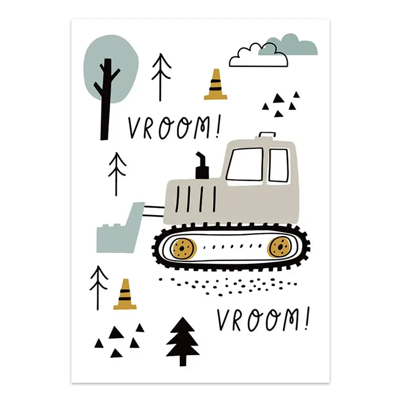 Cartoon Construction Vehicles Canvas Wall Art | Boys Nursery