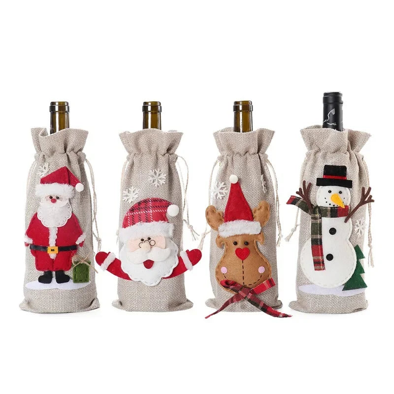 Xmas Snowman Santa Claus Wine Bottle Gift Packaging Jute Bag Pouch Burlap Christmas Wine Bottle Cover Bag Christmas Decorations Peaceful Pleasures Health and Wellness