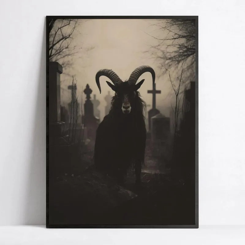Black Phillip Goat in Cemetery Canvas Art - Satanic Gothic Pagan Wall Decor, Unframed Modern Horror Movie Poster for Home Decora Peaceful Pleasures Health and Wellness