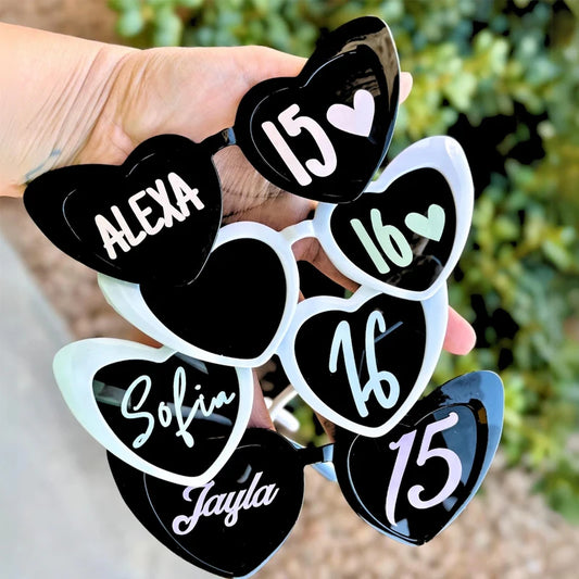 Personalized Heart Sunglasses | Sweet 15 16 Birthday Party Prop Party Sunglasses Peaceful Pleasures Health and Wellness