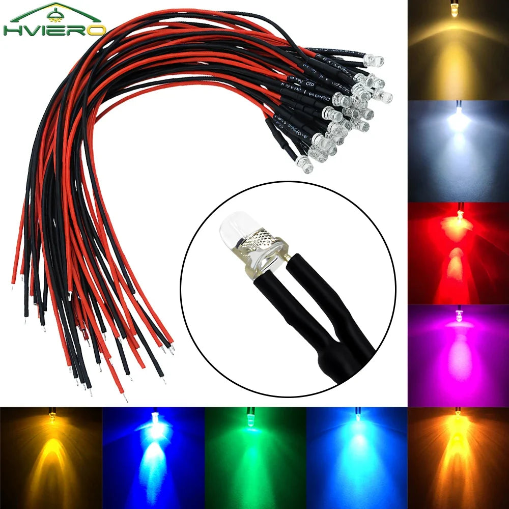 10-Pack 3mm Pre-Wired LED Bulbs DC 12V Water Clear Round Top