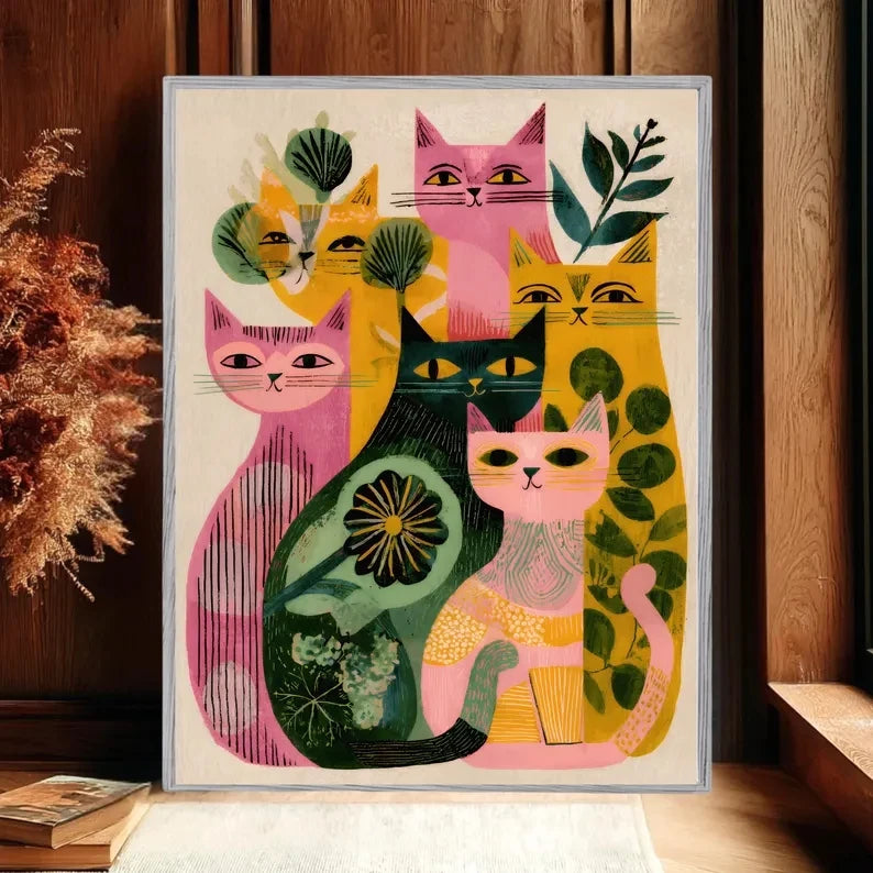 Retro Mid-Century Colorful Cats Canvas Wall Art Print Poster