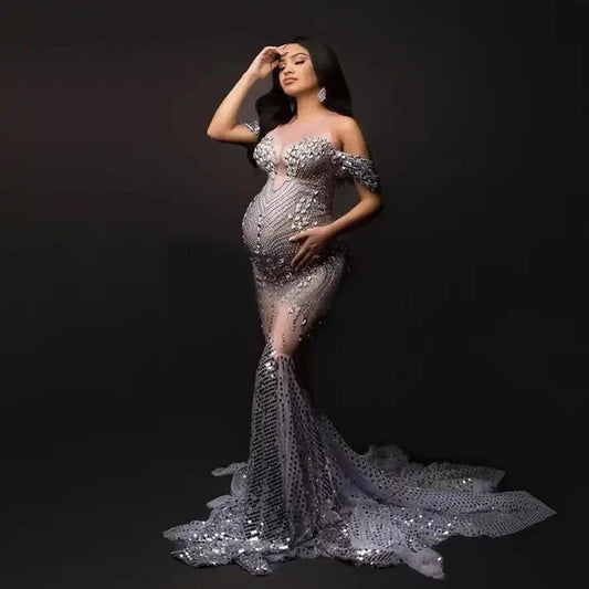 New Arrivals Elegant Shiny Rhinestones Off Shoulder Sexy Maternity Shoot Dress Sequin Fishtail Robe De Soiree Peaceful Pleasures Health and Wellness