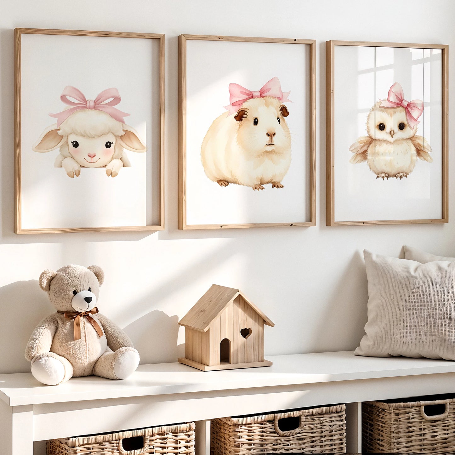 3-Piece Cartoon Animals Pink Bow Canvas Wall Art | Kids Room
