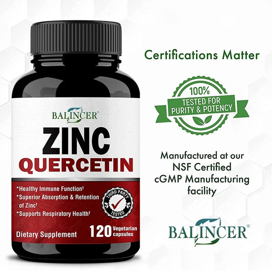 Quercetin + Zinc Vegetarian Capsules - Supports Immune, Skin and Bone Health, Nutritional Metabolism Supplement Peaceful Pleasures Health and Wellness