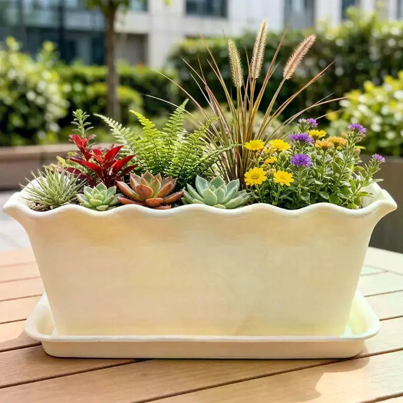 Cream Rectangular Planter with Saucer – UV-Resistant PP, Set of 2