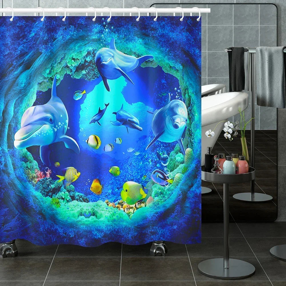 Ocean Underwater World Shower Curtains Set Dolphin Animal Cheerful Marine Life Scenery Polyester Fabric For Kids Bathroom Decor Peaceful Pleasures Health and Wellness