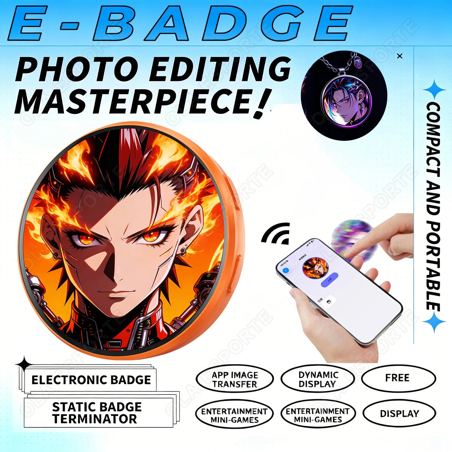Smart E-Badge 1.5" Touch Screen Display Brooch | Bluetooth
