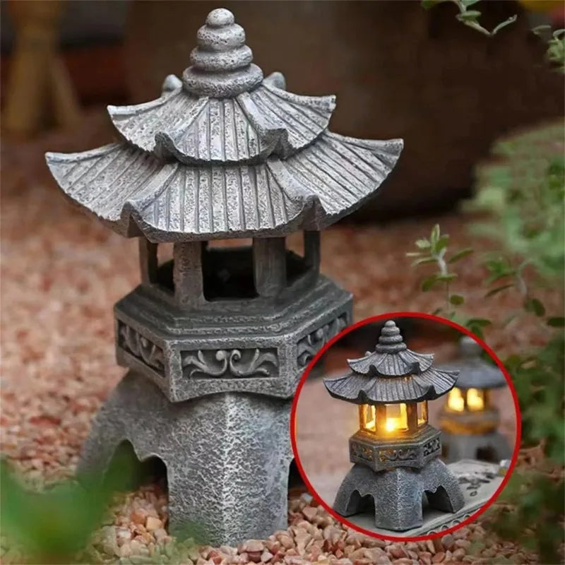 Solar Chinese Stone Tower Garden Light – Resin Courtyard Sculpture