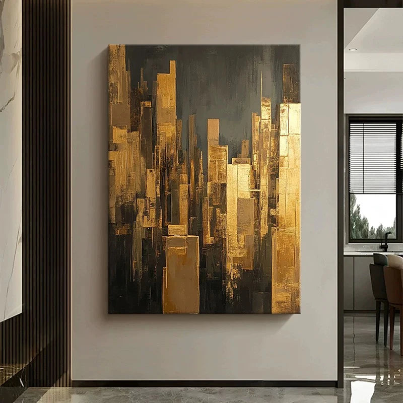 Hand Drawn Oil Painting Abstract Hanging Picture Gold foil Building Wall Art Texture Poster Living Room Porch Hotel Decor Mural Peaceful Pleasures Health and Wellness