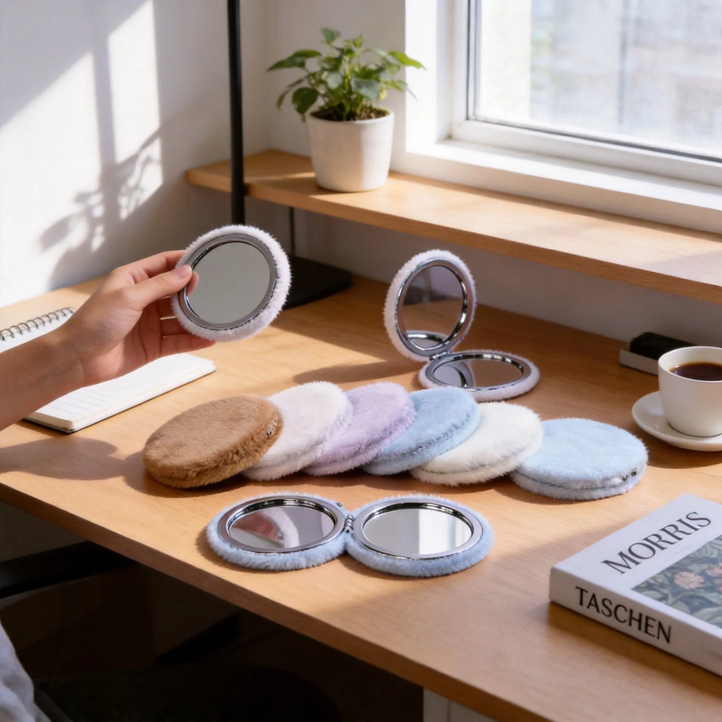 Fluffy Plush Compact Mirror – Dual-Sided Portable Folding