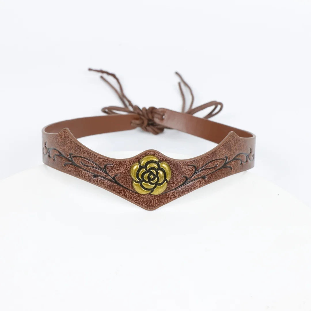 Medieval Golden Rose Leather Headband Vintage Elf Warrior Headpiece