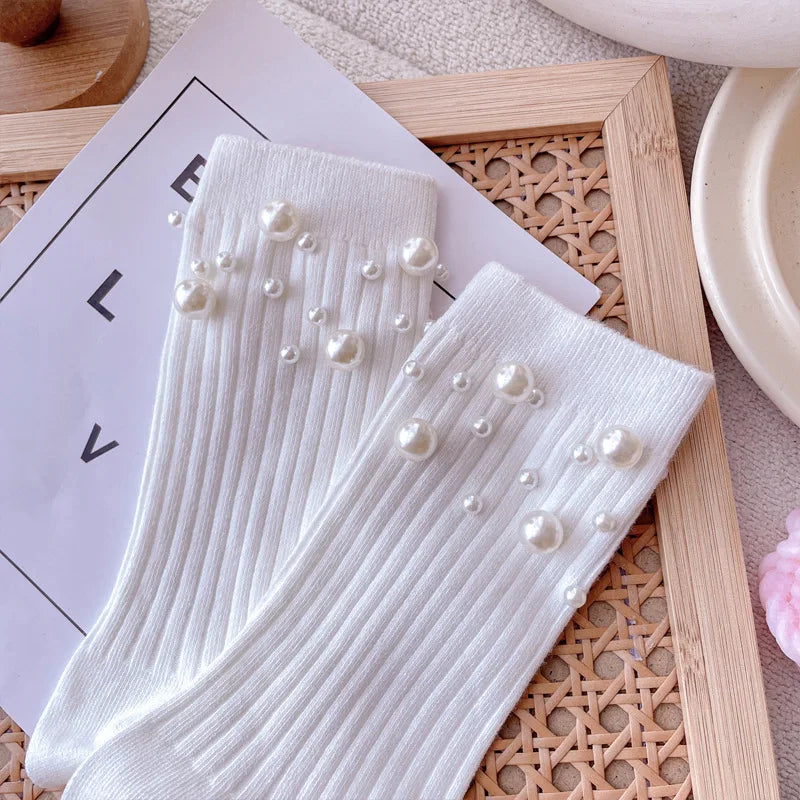 1 Pair of Women's Fashionable Pearl Decorative Socks, Cute Princess Style Mid Calf Korean Style Socks, Clothing Accessories Peaceful Pleasures Health and Wellness WHITE One Size