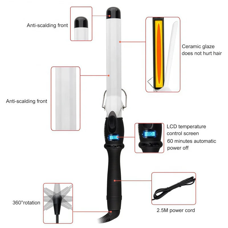 Professional Electric Curling Wand with PTC Heater Ceramic LED Temperature Display Hair Styling Tool for Big Waves Household Use Peaceful Pleasures Health and Wellness