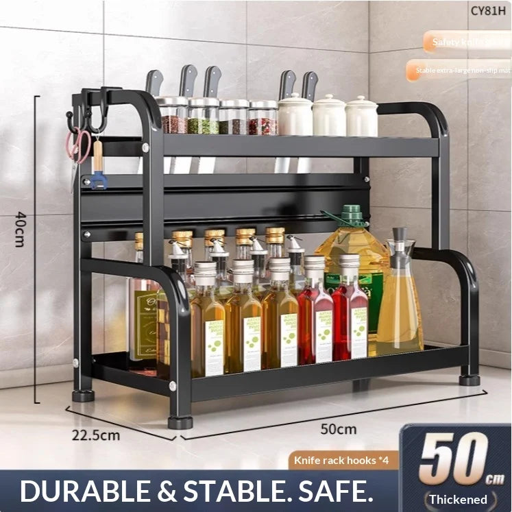 Modern Household Kitchen Spice Rack Countertop Storage Organizer Multifunctional Shelving Unit For Cooking Essentials Peaceful Pleasures Health and Wellness 50cm 2 Layers B