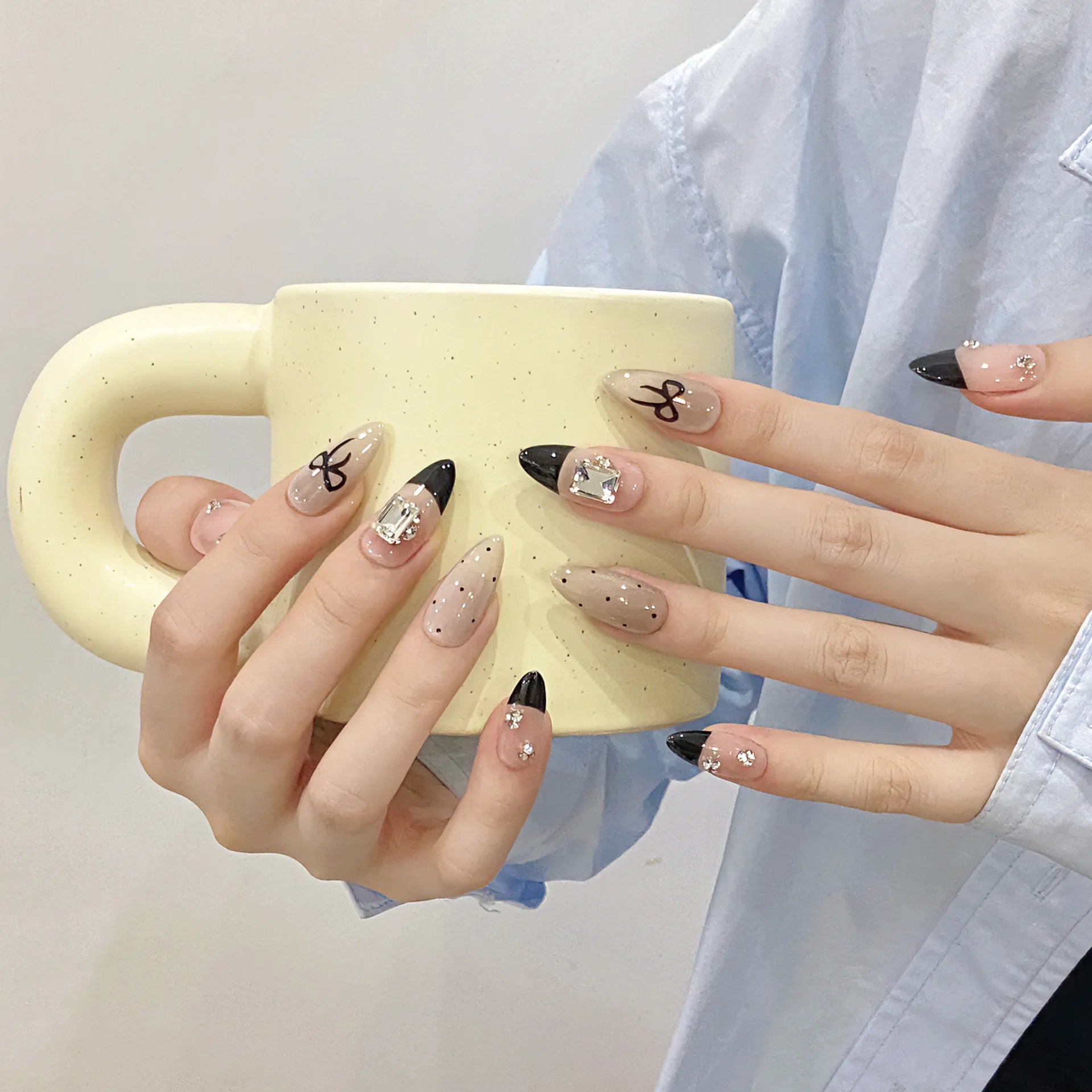 Handmade Press on Nails Black Cool European Fake Nails with Crystal Design Women Wearable Detachable Glitter Almond False Nails Peaceful Pleasures Health and Wellness