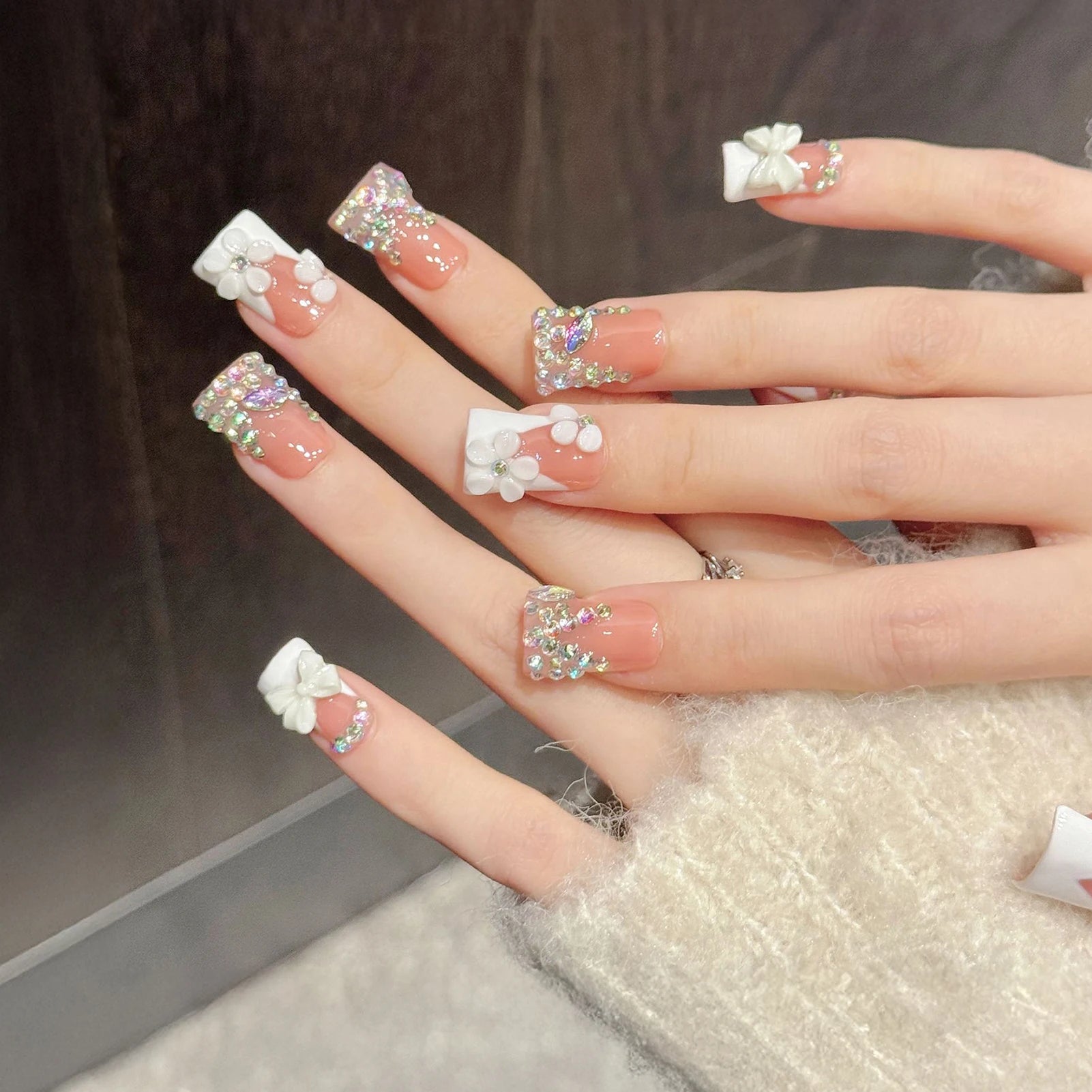 10pcs Handmade Duckbill Press on Nails French Artificial Nails With 3D Flowers Decor Elegant Fake Nails Detachable False Nails Peaceful Pleasures Health and Wellness