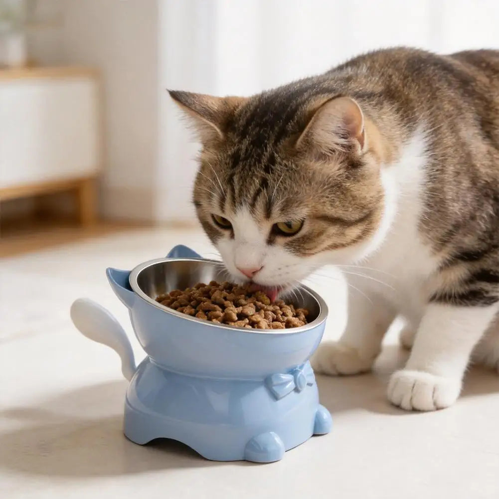 Increased Neck Protection High Quality Water Bowl Healthy Safe Stainless Steel Cat Bowl Anti-overturning Oblique Mouth Pet Bowl Peaceful Pleasures Health and Wellness