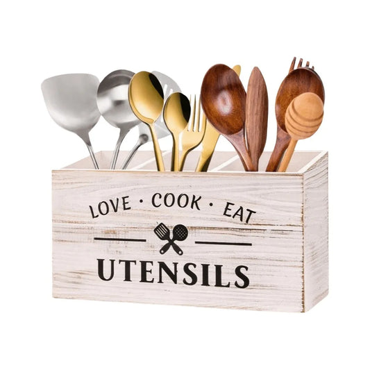 Wooden Utensil Holder – 3-Compartment Cutlery Organizer Utensil Holder Oasis Select White