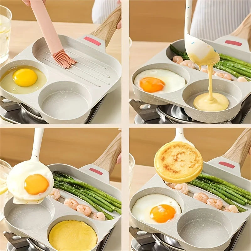 Maifanshi Non-Stick Aluminum Frying Pan - 4-Compartment, Multi-Use for Breakfast, Easy Clean, Ergonomic Wooden Handle, 1pc Peaceful Pleasures Health and Wellness