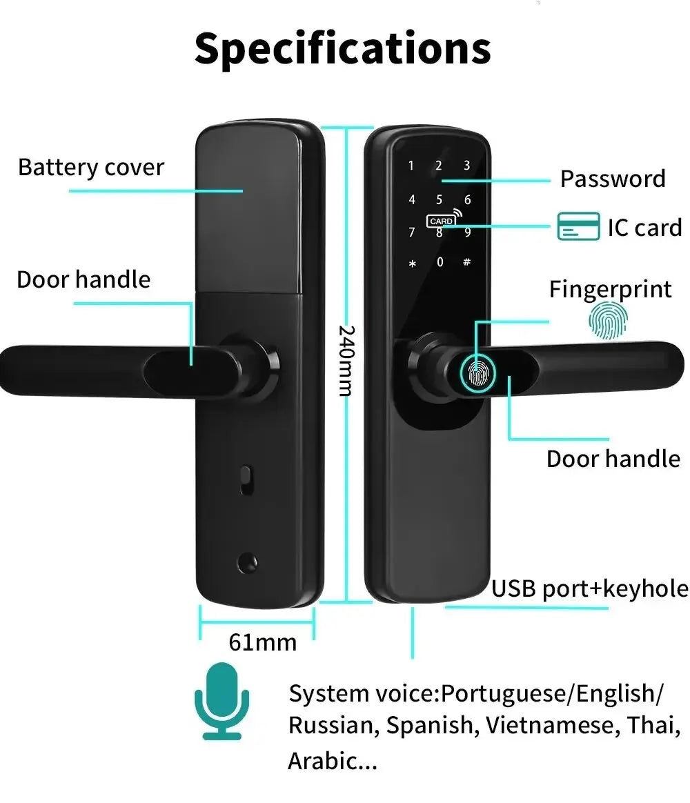 Electronic Smart Door Lock Tuya Wifi With Biometric Fingerprint / Smart Card / Password / Key Unlock/ USB Emergency Charge Peaceful Pleasures Health and Wellness