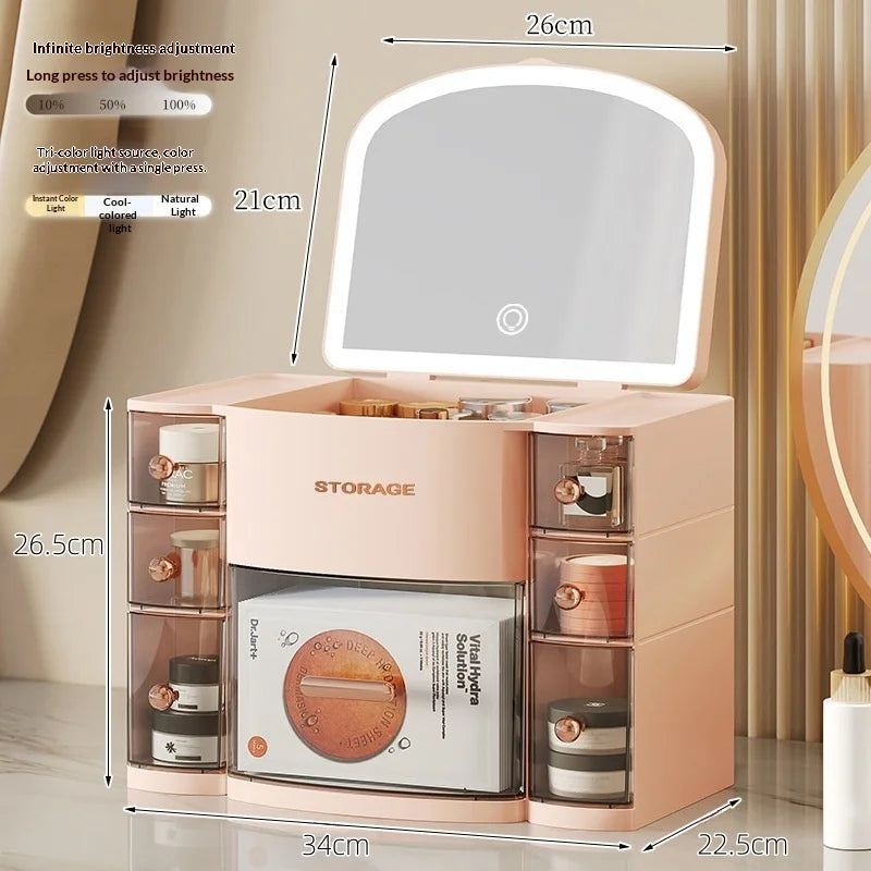 Large Capacity Cosmetic Storage Box with Mirror Dustproof Multifunctional Makeup Organizer Shelf for Vanity Table Home Use Peaceful Pleasures Health and Wellness Pink with Light