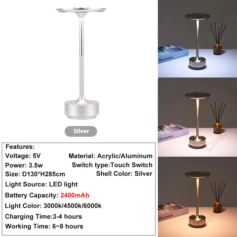 Rechargeable Wireless Table Lamp LED Touch Sensor Desktop Night Light Reading Lamp for Restaurant Hotel Bar Bedroom Decor Light Peaceful Pleasures Health and Wellness Silver B changeable